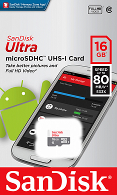 Карта памяти microSDHC SANDISK Ultra 16Gb, Class10 UHS-I (SDSQUNS-016G-GN3MN)