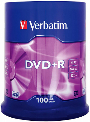 Диск DVD+R VERBATIM 4.7Gb (43551), Cake Box, 100 шт