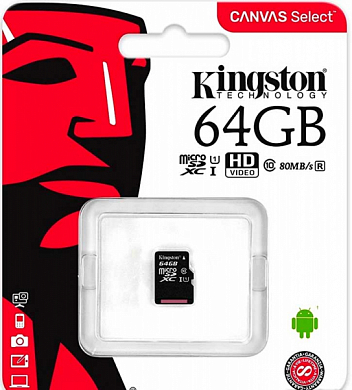 Карта памяти microSDXC KINGSTON Canvas Select 64Gb, Class10 UHS-I (SDCS/64GBSP)