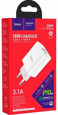 Сетевое зарядное устройство HOCO C80A Rapido, USB C, USB A, белое