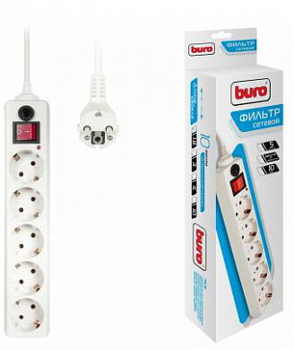 Сетевой фильтр BURO 500SH, 5 розеток, 1.8 м, белый