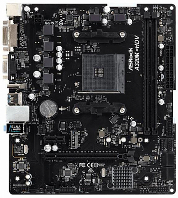 Материнская плата ASROCK A320M-HDV AMD A320, AM4, DDR4, RAID, HDMI, DVI, VGA, 4*USB2.0, 6*USB3.1, 1*PS/2, GLAN, mATX
