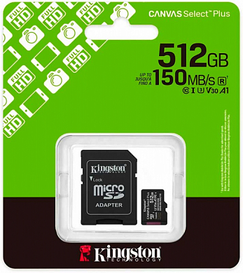 Карта памяти microSDXC KINGSTON Canvas Select Plus 512Gb, Class10 UHS-I U3 V30 A1 (SDCS3/512GB)