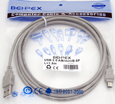 Кабель USB 2.0, USB Am - Mini USB Bm (5 pin), BEHPEX, 1.8 м, серый