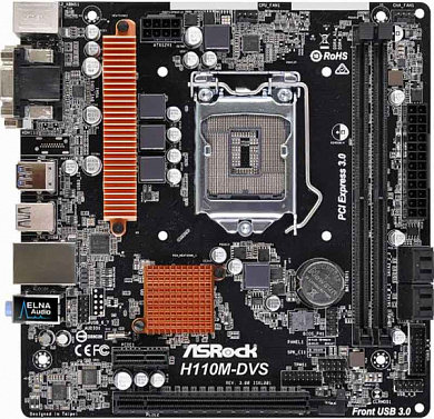 Материнская плата ASROCK H110M-DVS R3.0 Intel H110, FCLGA1151, DDR4, VGA, DVI, 6*USB2.0, 2*USB3.0, 2*PS/2, GLAN, mATX