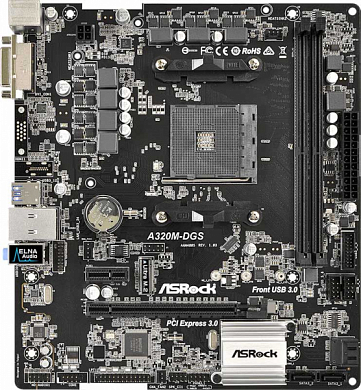 Материнская плата ASROCK A320M-DGS AMD A320, AM4, DDR4, RAID, DVI, 6*USB2.0, 6*USB3.0, 1*PS/2, GLAN, mATX