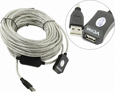 Кабель-удлинитель активный USB 2.0, USB Am - USB Af, VCOM VUS7049, 15 м, серебристый
