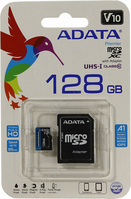 Карта памяти microSDXC ADATA Premier 128 Гб, Class10 UHS-I U3 A1 V10 (AUSDX128GUICL10A1-RA1)