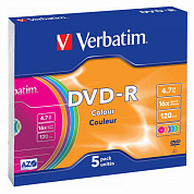 Диск DVD-R VERBATIM 4.7Gb (43557), Slim Case, 5 шт