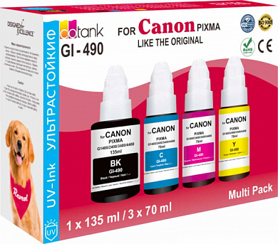 Комплект чернил REVCOL UV GI-490 (G-490) для Canon, водные, 345 мл, 4 цвета