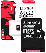Карта памяти microSDHC KINGSTON Canvas Select Plus 64Gb, Class10 UHS-I U1 V10 (SDCS2/64GBSP)