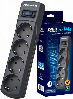 Сетевой фильтр PILOT m-MAX, 4 розетки, 1.8 м, серый