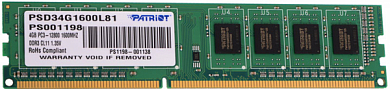 Модуль памяти DDR3L 4Gb PC12800 1600MHz PATRIOT (PSD34G1600L81), Retail