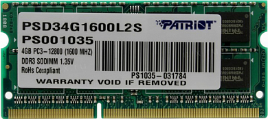 Модуль памяти SO-DDR3L 4Gb PC12800 1600MHz PATRIOT (PSD34G1600L2S), Retail